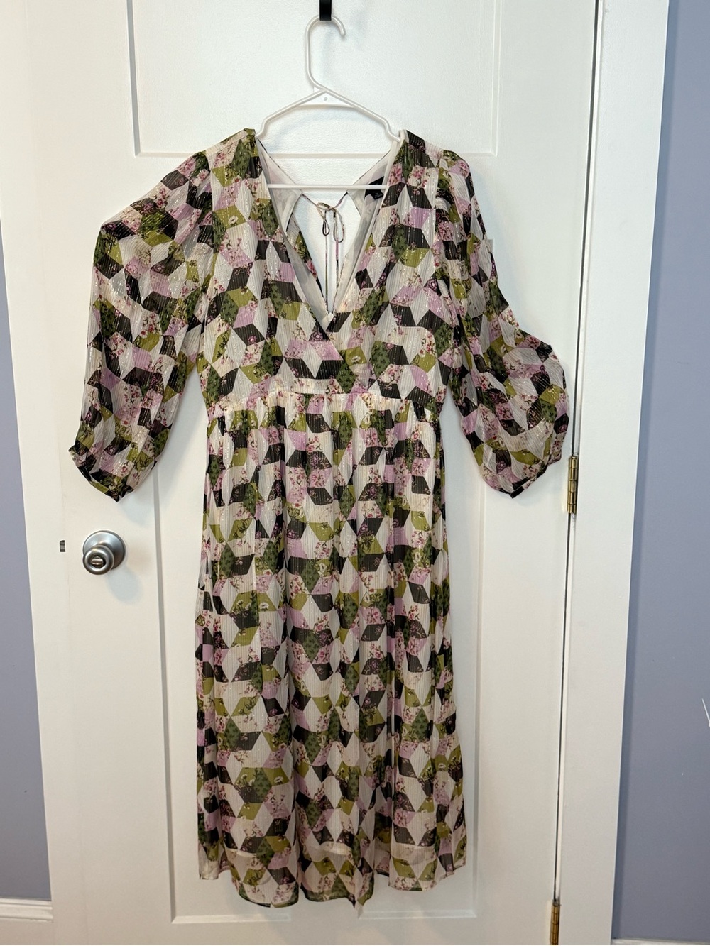 J. Crew Olive and Pink Geometric Midi Dress
